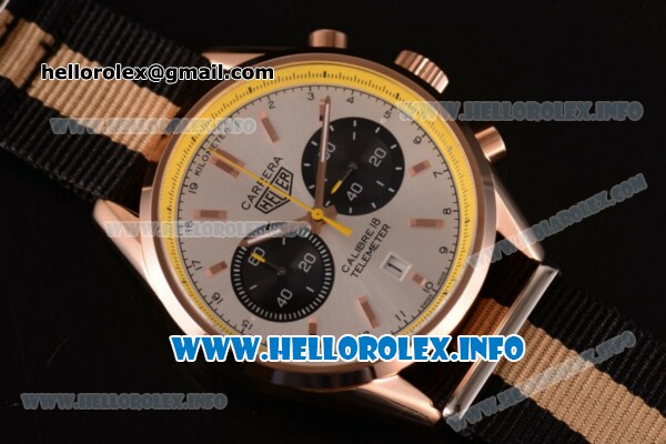 Tag Heuer Carrera Calibre 18 Miyota Quartz Rose Gold Case with White Dial Stick Markers and Yellow/Black Nylon Strap - Yellow Inner Bezel - Click Image to Close